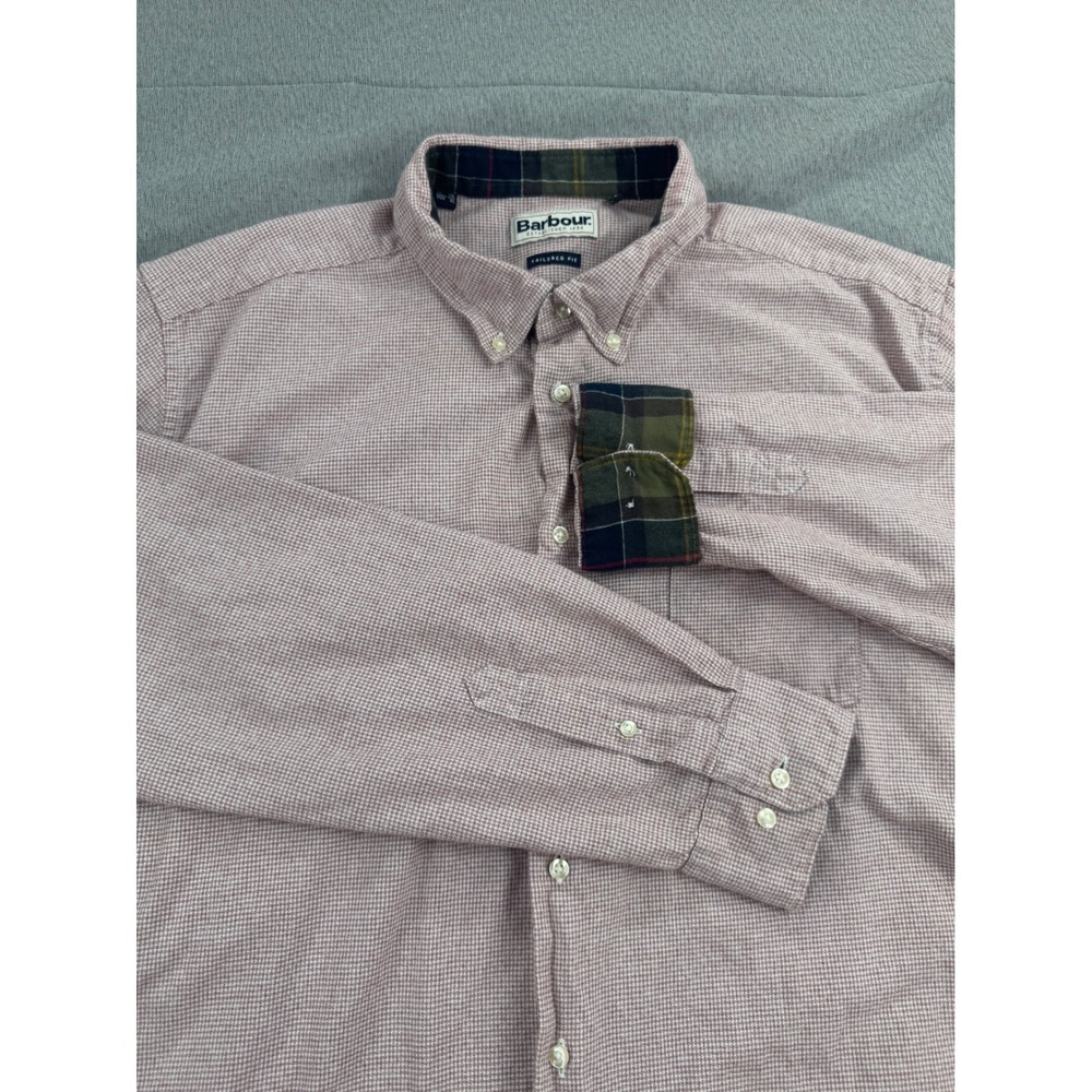 Barbour Mens XL Turner Houndstooth Shirt Earth Pink Tailored Fit Button Down